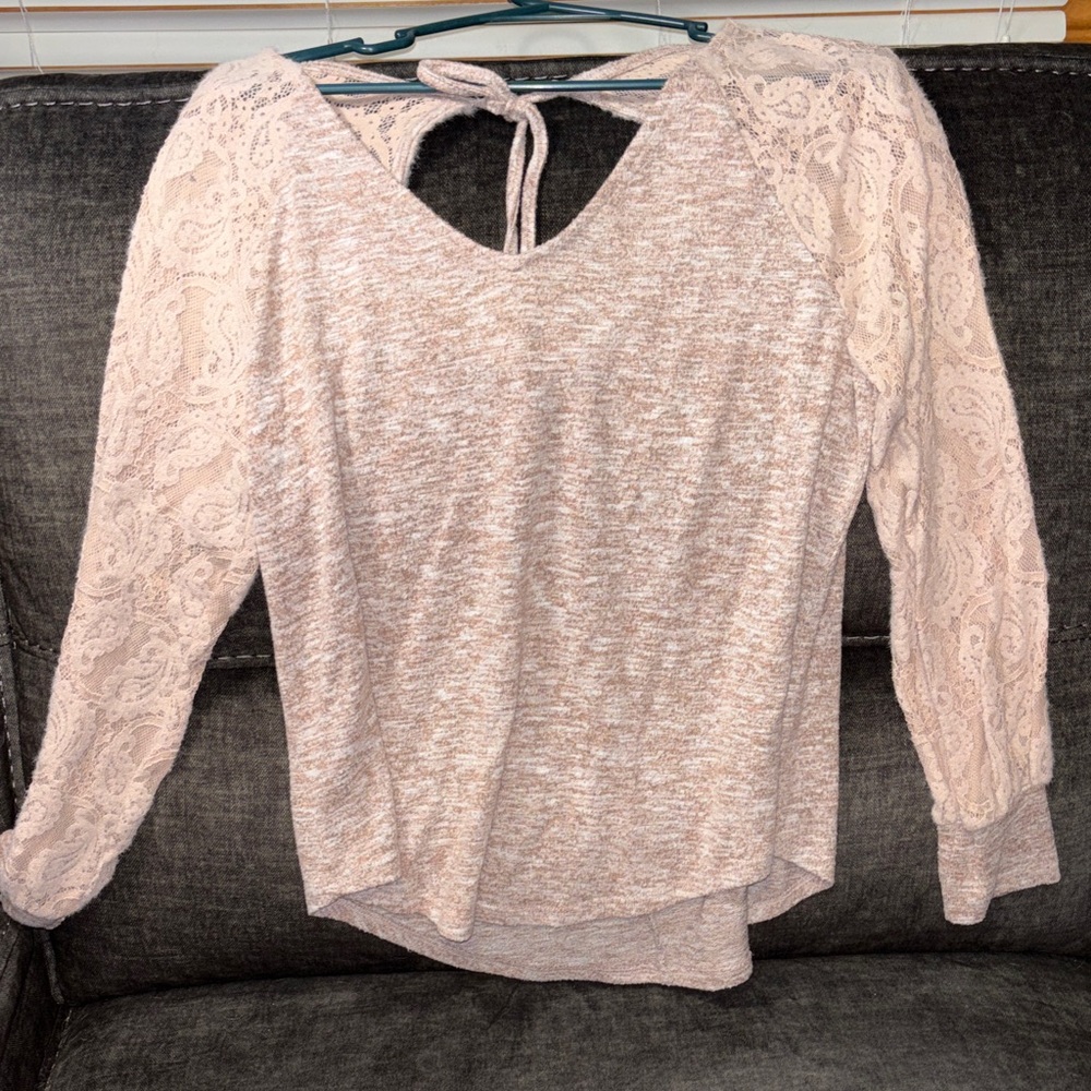 Maurices Light Pink Peach Lace Sleeve Top